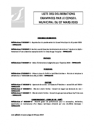 LISTE DES DELIBERATIONS CM 07 MARS 2023