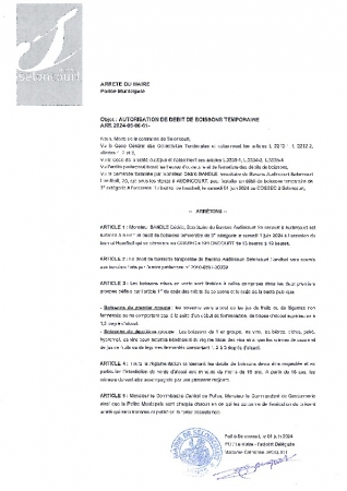 ARR 2024-05-06-61 Arrêté d'autorisation d'ouverture d'un débit temporaire de boissons - tournoi de Handball - COSEC Seloncourt - 01 juin 2024