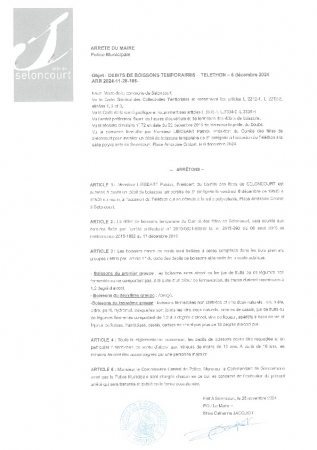 ARR2024-11-28-186 Arrêté temporaire débit de boissons pour le Comité des Fêtes lors du Téléthon le 06 décembre 2024 à la salle polyvalente