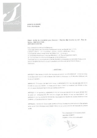 ARR2024-12-06-190 Arrêté de circulation rue de l'école de Berne par l'entreprise RM Facilities pour reprise des boucles au sol du 16 décembre durant 1 semaine