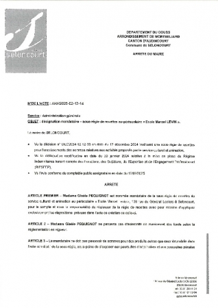 ARR20250213-14 Arrêté de désignation sous-régisseur régie de recettes périsclolaire école Levin