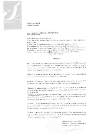 ARR20250305-22 Arrêté d'autorisation d'ouverture d'un débit temporaire de boissons - Concours mensuel - Tarot club Seloncourt