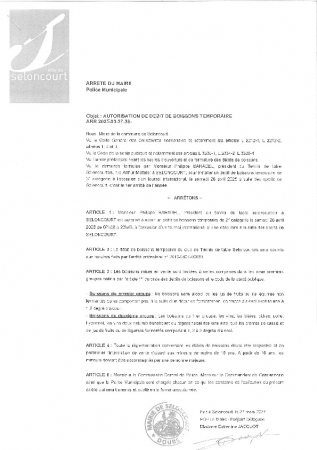 ARR20250327-39 Arrêté d'autorisation d'ouverture temporaire d'un débit de boissons Tennis de table Seloncourt tournoi international du 26042025
