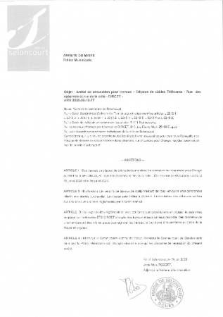 ARR2025-06-10-77 Arrêté de circulation pour travaux - Dépose câbles telecom - Rue des casernes - rue de la côte - CIRCET - du 15.07 au 31.07.2025