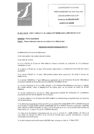 ARR20250711-93 Arrêté attestation annuelle exploitation PM Taxis services Jean Jacques Hézard