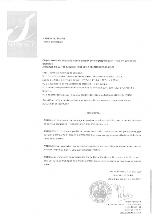 ARR20250807-101 Arrêté de circulation pour travaux de marquage routier - Rue d'Audincourt - Signature