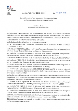 Arrete levant les restrictions provisoires des usages de eau sur ensemble du département du Doubs