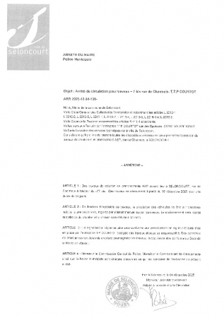 ARR20251204-138 Arrêté de circualtion pour travaux - création d'un branchement AEP - rue de Charmois - TTP Courtot