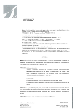 ARR20251229-146 Arrêté municipal permanent règlementant la circulation au droit des chantiers réalisés par les services techniques municipaux