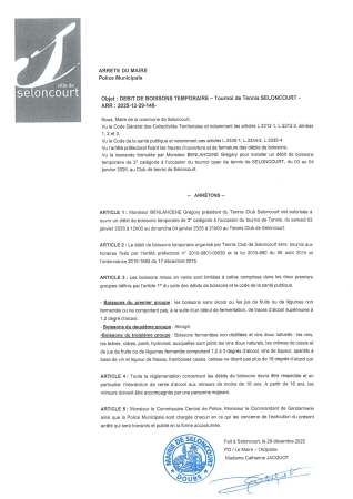ARR20251229-148 Arrêté de débit de boisson temporaire - tournoi de tennis Seloncourt - Tennis club Seloncourt - du 03 au 04 janvier 2026
