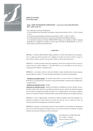 ARR20251229-151 Arrêté de débit de boisson temporaire - tournoi de tennis Seloncourt - Tennis club Seloncourt - du 15 au 17 janvier 2026