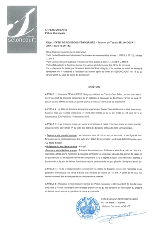 ARR20251229-152 Arrêté de débit de boisson temporaire - tournoi de tennis Seloncourt - Tennis club Seloncourt - du 19 au 20 janvier 2026