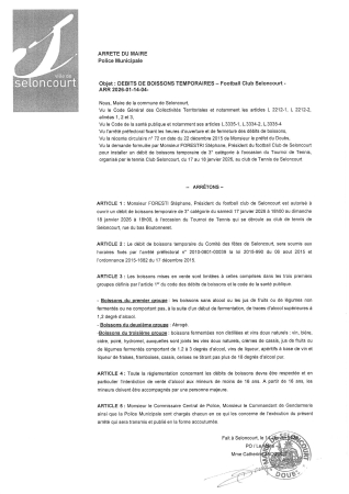 ARR2026-01-14-04 Arrêté d'autorisation d'ouverture temporaire de débit de boissons - Football Club Seloncourt - tennis club - 17 janvier 26