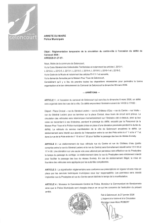 ARR2026-01-27-07 Arrêté circulation pour le trajet du carnaval 2026 dimanche 8 mars
