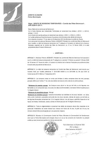 ARR2026-01-29-11 Arrêté débit de boissons comité des fêtes seloncourt  festival chanson