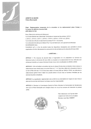 ARR2026-01-27-09 Arrêté règlementation de la circulation et le stationnement concernant le carnaval 2026