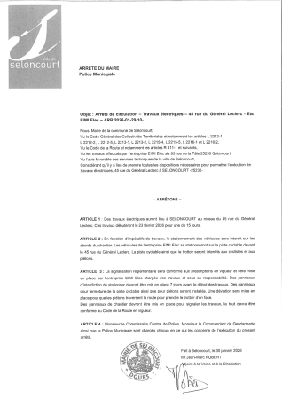 ARR2026-01-29-10 Arrêté circulation pour EIMI Elec pour ouverture fouille travaux electriques du 23 février durant 15 jours rue du Général Leclerc