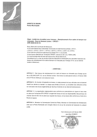 ARR2026-02-03-12 Arrêté d'autorisation de travaux CIRCET remplacement cadre et tampon rue général Leclerc