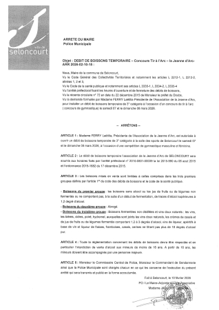 ARR2026-02-10-15 Arrêté autorisation ouverture débit de boissons 07 et 08 mars 2026 compétition gymnastique