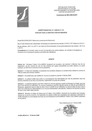 ARR2026-02-11-16 Arrêté portant sur l'autorisation de la destruction de renards février 2026