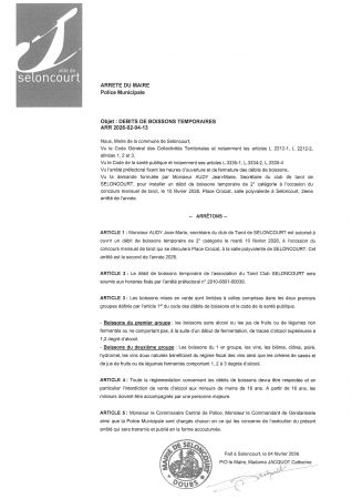 ARR2026-02-04-13 Arrêté autorisation ouverture temporaire d'un débit de boissons - Tarot Club Seloncourt