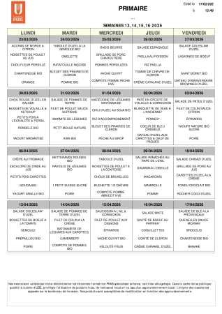Menu scolaire 23 mars au 17 avril 26