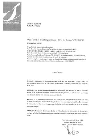 ARR2026-02-18-17 Arrêté de travaux TTP Courtot renouvellement branchement rue des combes