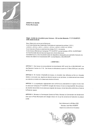 ARR2026-03-09-25 Arrêté de travaux TTP COURTOT branchement AEP rue des Bessots 12 mars 2026