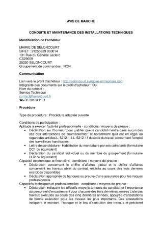 Avis de marché MAINTENANCE CHAUFFERIES