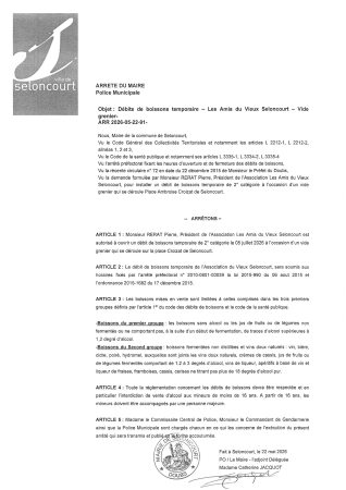 ARR2026-05-22-91 Arrêté débit de boissons temporaire pour un vide grenier le 5 juillet par les Amis du Vieux Seloncour
