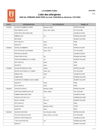 Liste allergènes sans porc 15 juin au 10 juillet