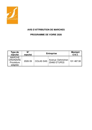 AVIS D ATTRIBUTION PROGRAMME VOIRIE 2026