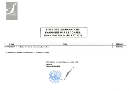 LISTE DES DELIBERATIONS CM DU 27 JUILLET 2026