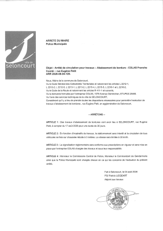 ARR2026-08-04-128 Arrêté de circulation pour travaux - Abaissement de bordures - COLAS Franche Comté - rue Eugène Petit