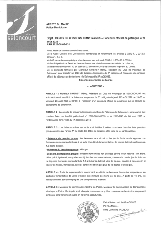 ARR2026-08-06-131 Autorisation temporaire d'ouverture d'un débit de boisson - pétanque seloncourtoise - 27 aout 2026