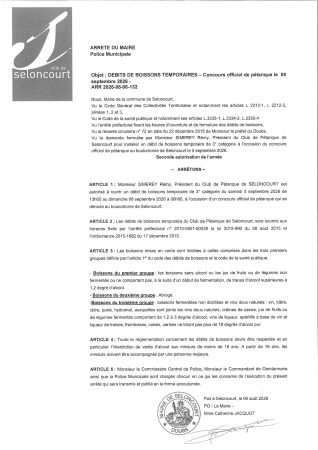 ARR2026-08-06-132 Autorisation temporaire d'ouverture d'un débit de boisson - pétanque seloncourtoise - 5 septembre 2026