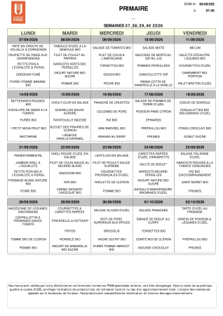 Menu scolaire du 7 septembre au 2 octobre