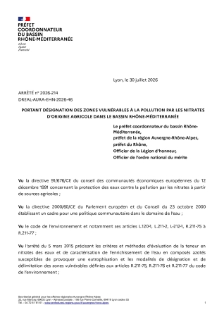 ARRETE 30 JUILLET 2026 PORTANT DESIGNATIOIN DES ZONES VULNERABLES POLLUTION NITRATES ORIGINE AGRICOLE