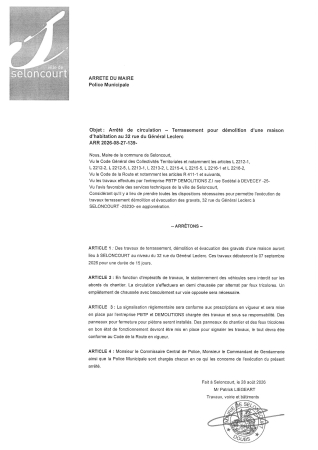 ARR2026-08-27-139 Arrêté autorisation de démolition d'une maison d'habitation 32 rue du G.L PBTP Démolitions