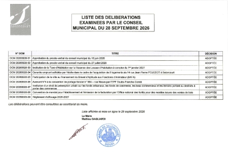 LISTE DES DELIBERATIONS CM DU 28 SEPTEMBRE 2026