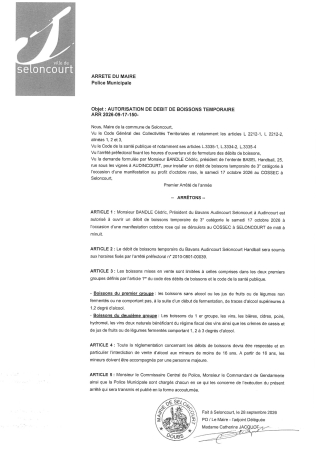 ARR2026-09-17-150 Autorisation ouverture débit boisson temporaire - Tournoi de handball octobre ros