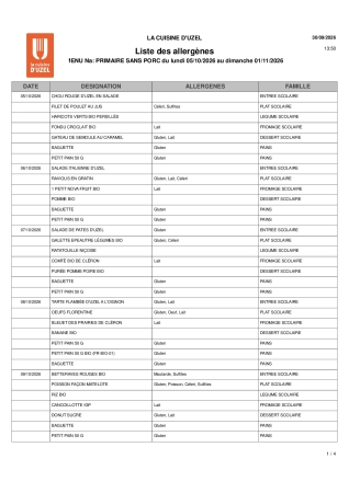Liste allergènes sans porc du 5 au 30 octobre