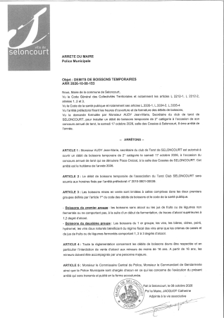 ARR2026-10-08-153 Arrêté d'autorisation temporaire d'ouverture d'un débit de boisson - tarot Club Seloncourt - 17 octobre 2026